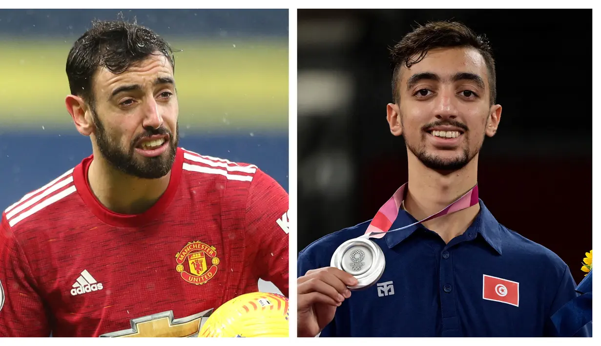 Mohamed Khalil Jendoubi. Atlet Taekwondo Tunisia berusia 19 tahun peraih medali perak kelas 58 kg putra di Olimpiade Tokyo 2020 ini memiliki wajah yang sangat mirip dengan bintang Manchester United, Bruno Fernandes. (Foto: AFP/Javier Soriano/Naomi Baker)