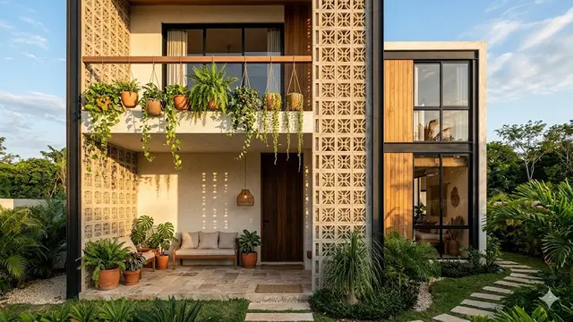 Desain Fasad Rumah dengan Roster dan Tanaman Gantung