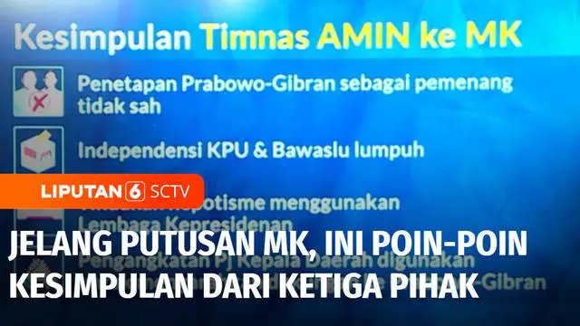 Hari ini jam 9 pagi, para Hakim Konstitusi akan membacakan putusan hasil sengketa Pemilu Presiden 2024. Sebelumnya para pihak sudah menyerahkan kesimpulan masing-masing kepada MK, setelah menjalani rangkaian sidang yang panjang sejak akhir Maret lalu...