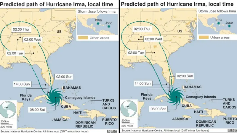 Jalur terjangan Badai Irma termasuk di Florida. (National Hurricane Centre/BBC)