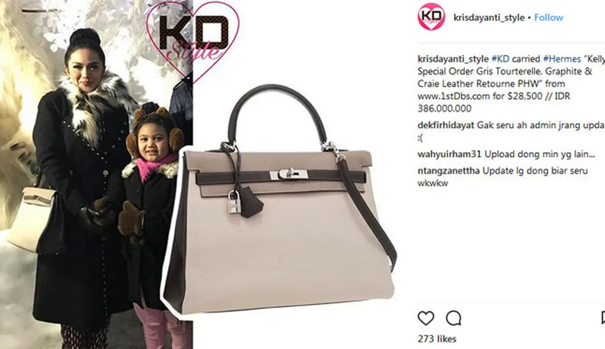 Sepertinya, KD memang hobi mengoleksi tas keluaran dari Hermes. Dan untuk yang satu ini, harganya mencapai Rp 386.000.000. (Instagram/krisdayanti_style)