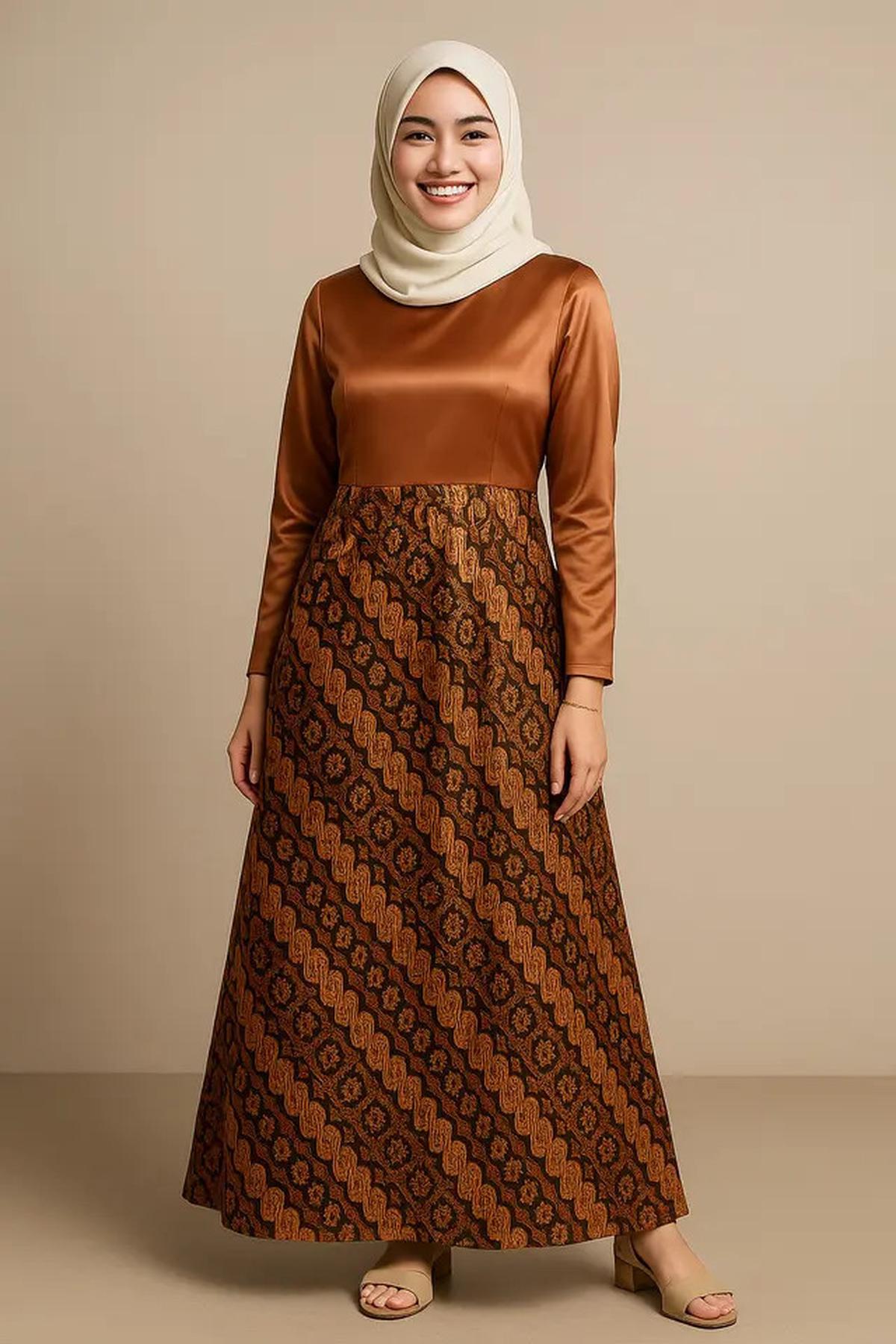 8 Model Gamis Batik Kombinasi Satin Mengkilap, Bikin Penampilanmu Mewah dan Elegan