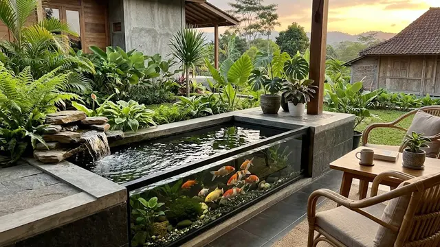 Kolam Ikan Mini dengan Dinding Kaca Modern