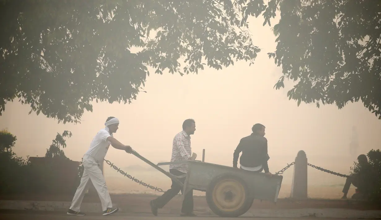Pekerja mendorong gerobak melitasi taman diselimuti kabut di New Delhi, India (31/10). Sebelumnya, pihak berwenang memperingatkan bahwa Diwali di New Delhi akan terjadi polusi, karena faktor kelembaban dan kecepatan angin. (Reuters/Cathal McNaughton)