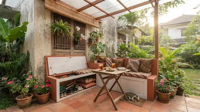 Desain area belakang rumah kecil agar multifungsi model sudut duduk dengan penyimpanan