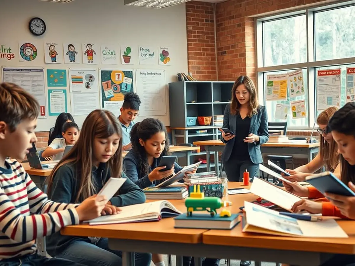 Siswa bekerja dalam kelompok kecil di laboratorium sains, presentasi proyek di depan kelas, atau simulasi interaktif di komputer