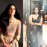 Untuk upacara Sangeet, Radhika Merchant  mengenakan lehenga krem ​​dan emas yang menampilkan blus bahu terbuka yang dihiasi kristal Swarovski, keliman pendek, dan desain yang pas dari rancangan Abu Jani Sandeep Khosla. [@rheakapoor].