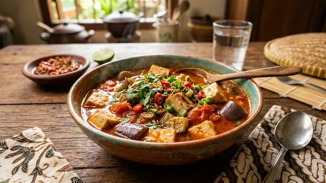 Resep Kuah Pedas Tahu, Terong, dan Tomat/AI Generated