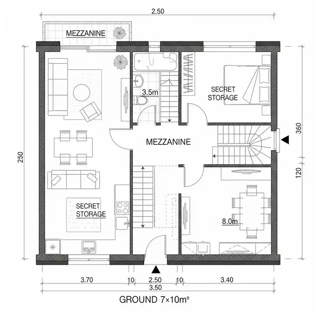Denah Rumah 7x10 dengan Mezzanine dan Gudang Rahasia (Image by Gemini AI)