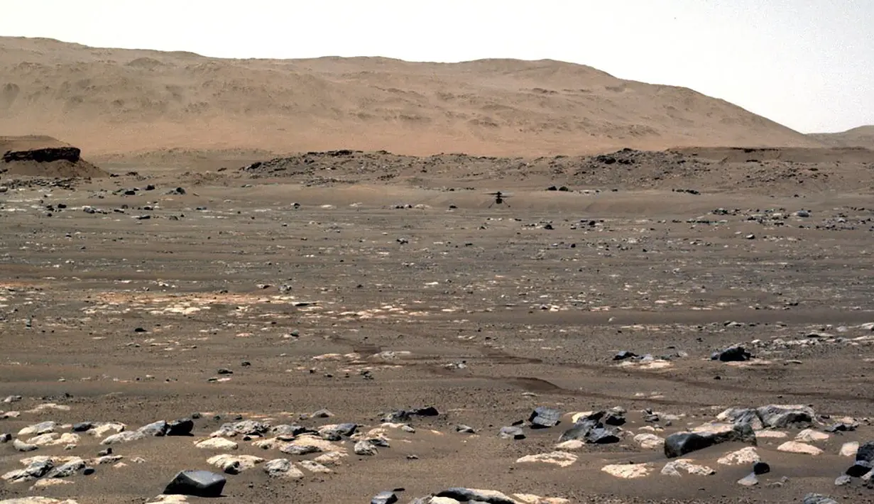 Helikopter Ingenuity mencapai penerbangan bertenaga dan terkontrol untuk pertama kalinya di planet lain, melayang selama beberapa detik sebelum mendarat kembali pada 19 April 2021. NASA berhasil menerbangkan helikopter Ingenuity di Mars pada 19 April. (Handout/NASA/JPL-CALTECH/AFP)