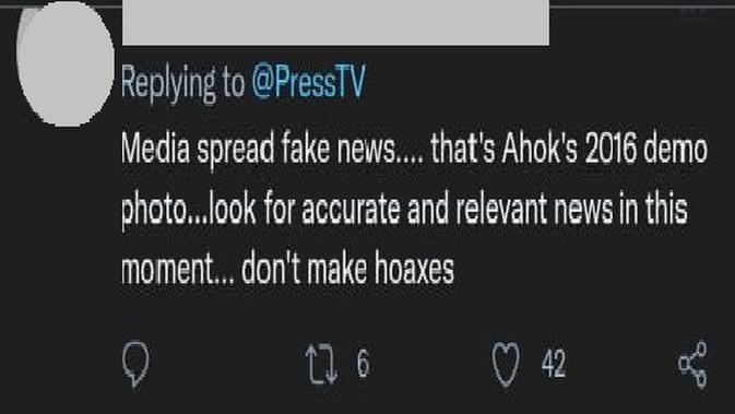 Komentar hoaks dari netizen atas unggahan status Press TV. (Screenshot)