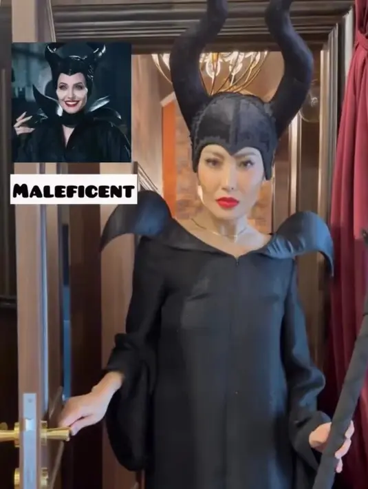 Ayu Dewi sebagai bintang utama, cosplay ala Maleficent mengenakan gaun lengkap dengan tanduknya. [@zaskiasungkar15]