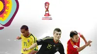 Piala Dunia U-17 - Ilustrasi Ronaldinho Timnas Brasil, Toni Kroos Timnas Jerman, Andres Iniesta Timnas Spanyol (Bola.com/Adreanus Titus)