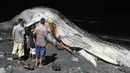 Orang-orang mengamati bangkai paus bungkuk yang muncul di pantai Las Flores di La Libertad, El Salvador, Jumat (5/11/2021). Ini adalah kedua kalinya tahun ini seekor paus bungkuk ditemukan mati di sebuah pantai di El Salvador. (Sthanly ESTRADA / AFP)
