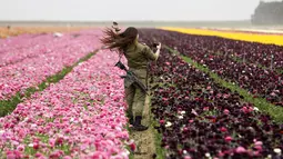 Seorang tentara wanita Israel berswafoto di Taman Bunga Ranunculus di Kibbutz, Nir Yitzhak, di perbatasan Israel-Jalur Gaza (12/4). Taman Bunga Ranunculus ramai didatangi warga saat hari liburan Yahudi Pesach (Paskah). (AFP PHOTO/MENAHEM KAHANA)