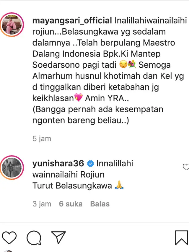 Unggahan Mayangsari soal Ki Manteb Soedharsono. (Foto: Instagram @mayangsari_official)
