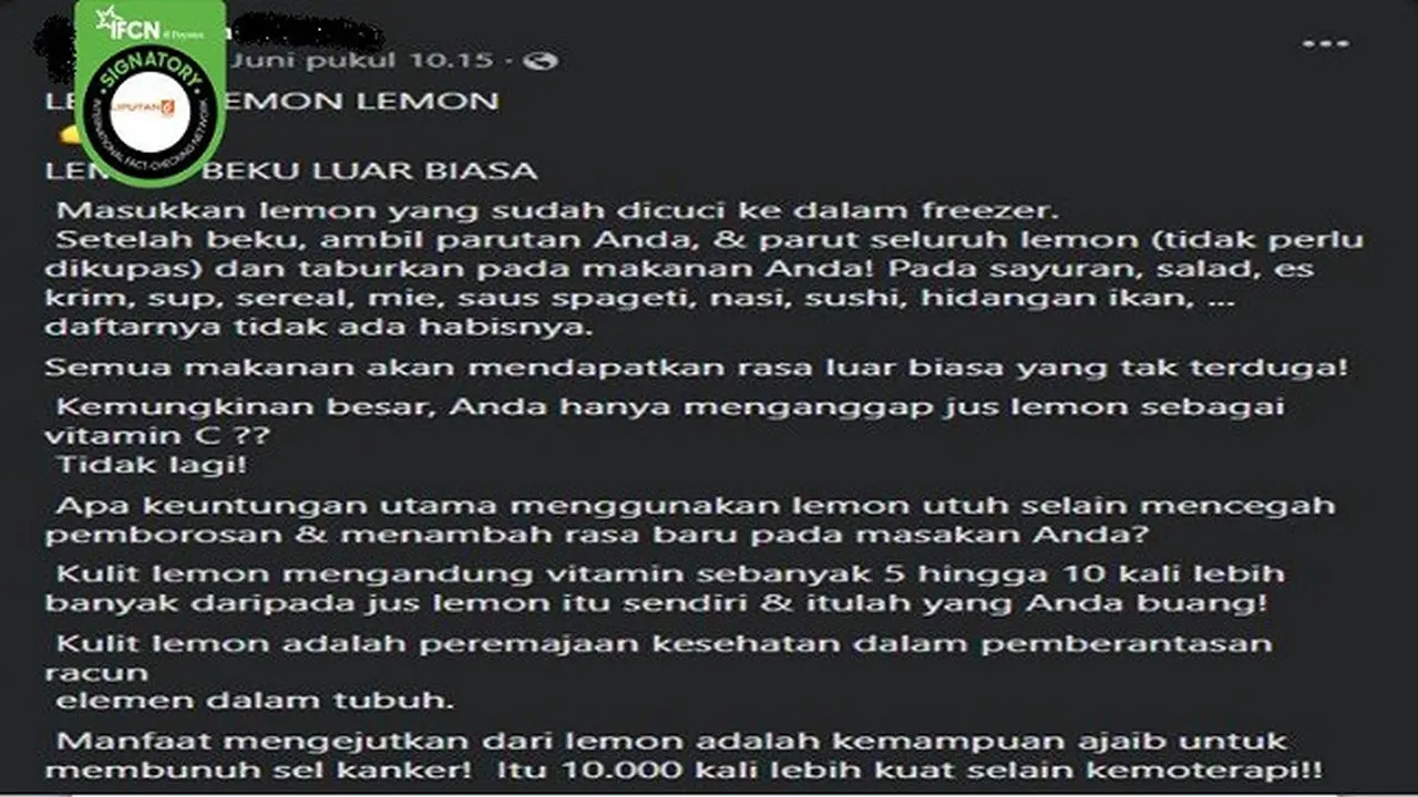 Gambar Tangkapan Layar Klaim Mengonsumsi Parutan Lemon Ampuh Membunuh Sel Kanker (sumber: Facebook).