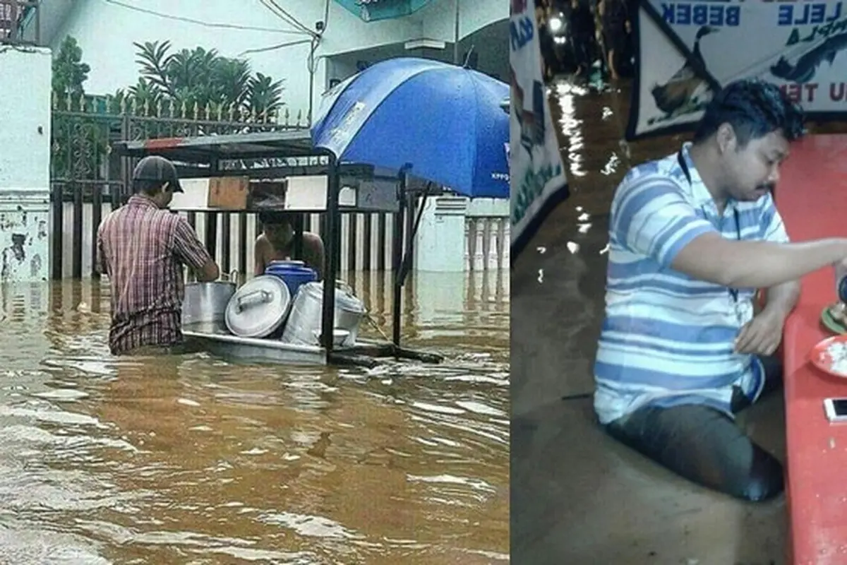 6 Potret Jualan Saat Banjir Ini Curi Perhatian, Totalitas Dalam Bekerja