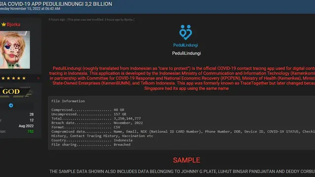 Tangkapan layar Breached.to soal unggahan Bjorka soal 3,2 miliar data dari aplikasi PeduliLindungi