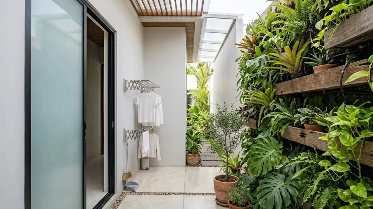Jemuran Tersembunyi di Samping Rumah dengan Sliding Door