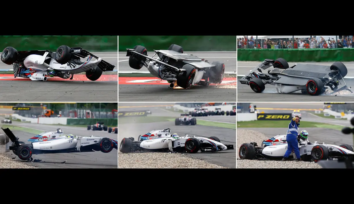 Foto kombinasi yang menggambarkan kecelakaan hebat yang dialami pembalap Formula Satu dari tim Williams, Felipe Massa, di tikungan pertama GP Jerman di Sirkuit Hockenheim, (20/7/2014). (REUTERS/Kai Pfaffenbach) 