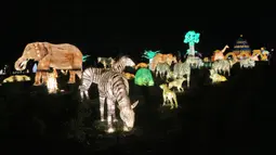 Sejumlah lentera hewan dipamerkan dalam festival The Great Lanterns of China di Pakruojis Manor, Lithuania, Rabu (25/12/2019). Festival ini berlangsung hingga 6 Januari 2019. (Petras MALUKAS/AFP)