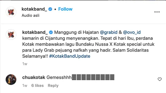 Unggahan Kotak. (Foto: Dok. Instagram @kotakband_)