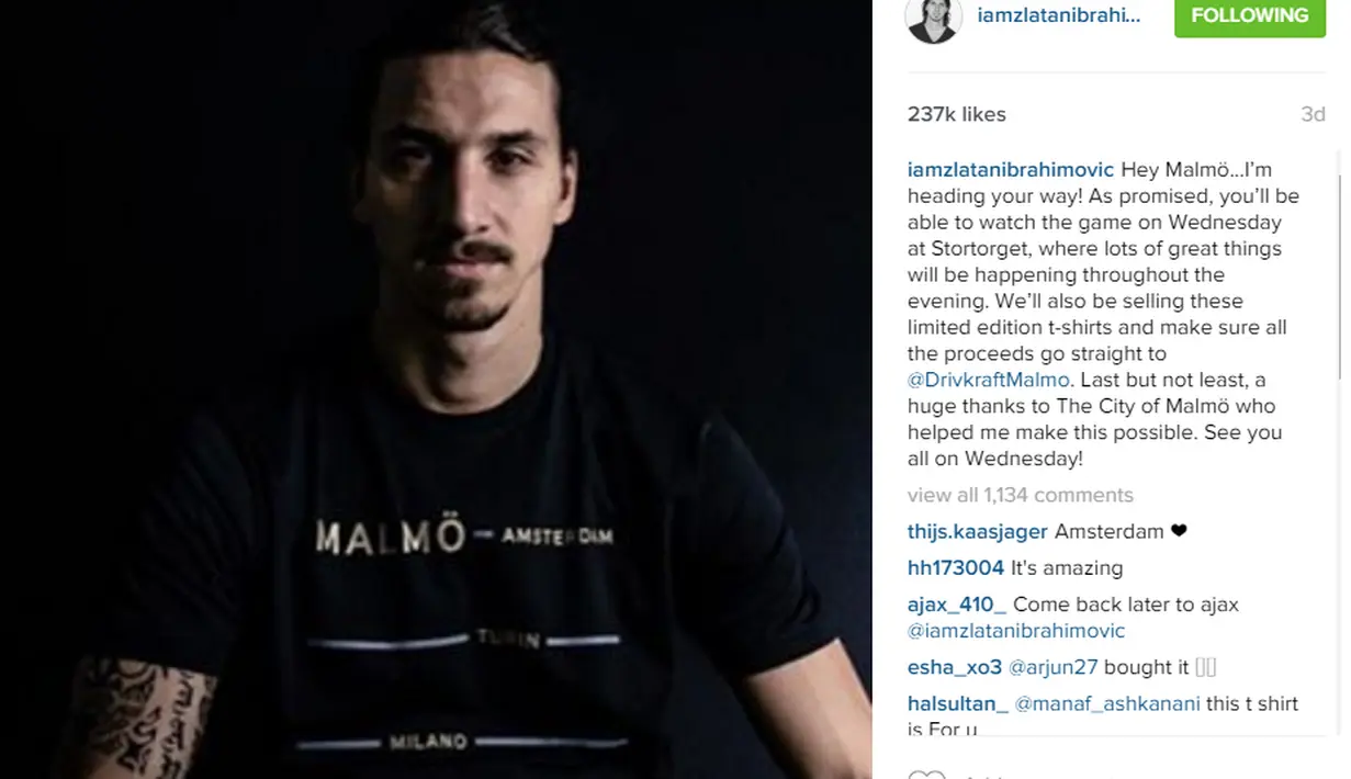 Zlatan Ibrahimovic menyapa warga kota Malmo lewat akun Intagramnya (photo/Instagram)