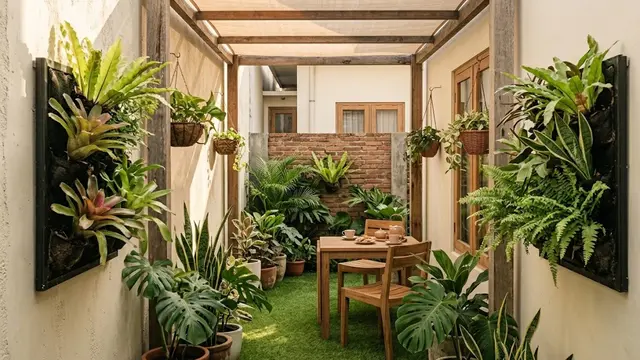 Koridor Santai dengan Kebun Mini dan Area Duduk