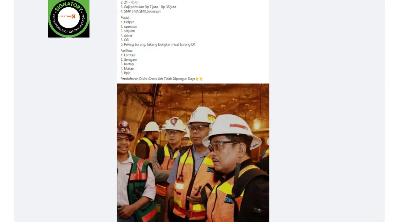 Tangkapan layar klaim link pendaftaran pegawai baru Freeport Indonesia untuk lulusan SMP sampai SMA sederajat.