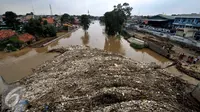 Tumpukan sampah yang tersangkut di jembatan Rawajati Kalibata, Jakarta, Selasa (8/3/2016). Hujan yang mengguyur Bogor dua hari terakhir mengakibatkan banjir kiriman yang disertai sampah batang bambu. (Liputan6.com/Helmi Fithriansyah)