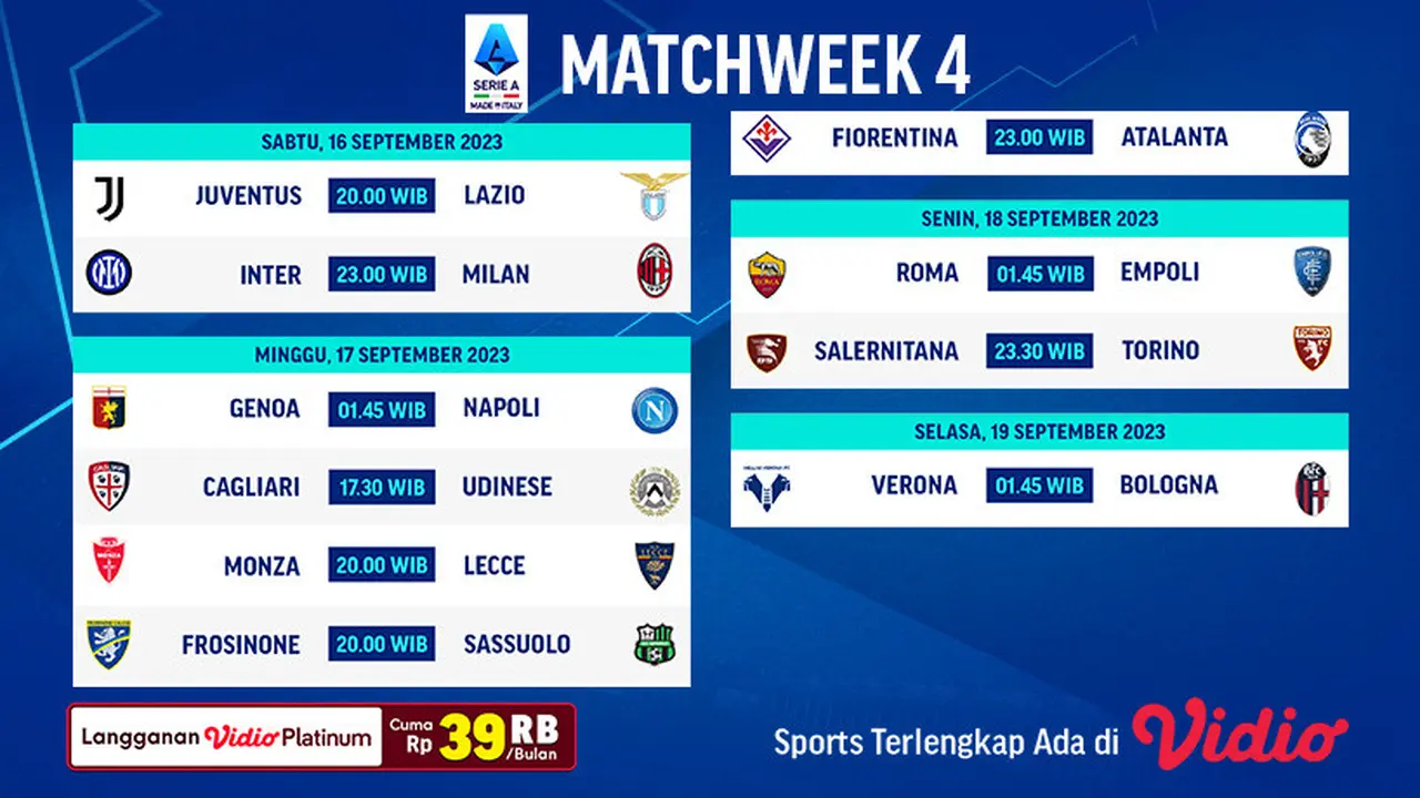 Jadwal Live Streaming Liga Italia 2023/2024 Matchday 4 di Vidio, 16-19 September 2023. (Sumber: dok. vidio.com)