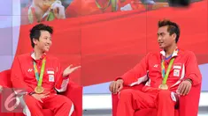 Atlet penyumbang medali emas bagi Indonesia di Olimpiade 2016 Rio de Janeiro Tontowi Ahmad/Liliyana Natsir saat berbagi cerita keseruan bersama SCTV dan Liputan6.com di Gedung SCTV Tower, Jakarta, Kamis (25/8).  (Liputan6.com/Angga Yuniar)