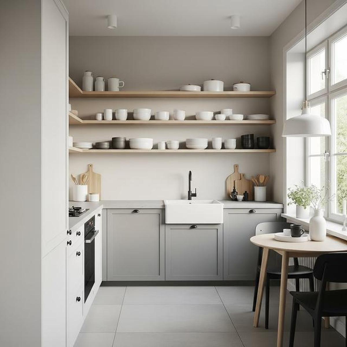 7 Dapur Kecil dengan Rak Terbuka dan Warna Netral, Elegan dan Minimalis