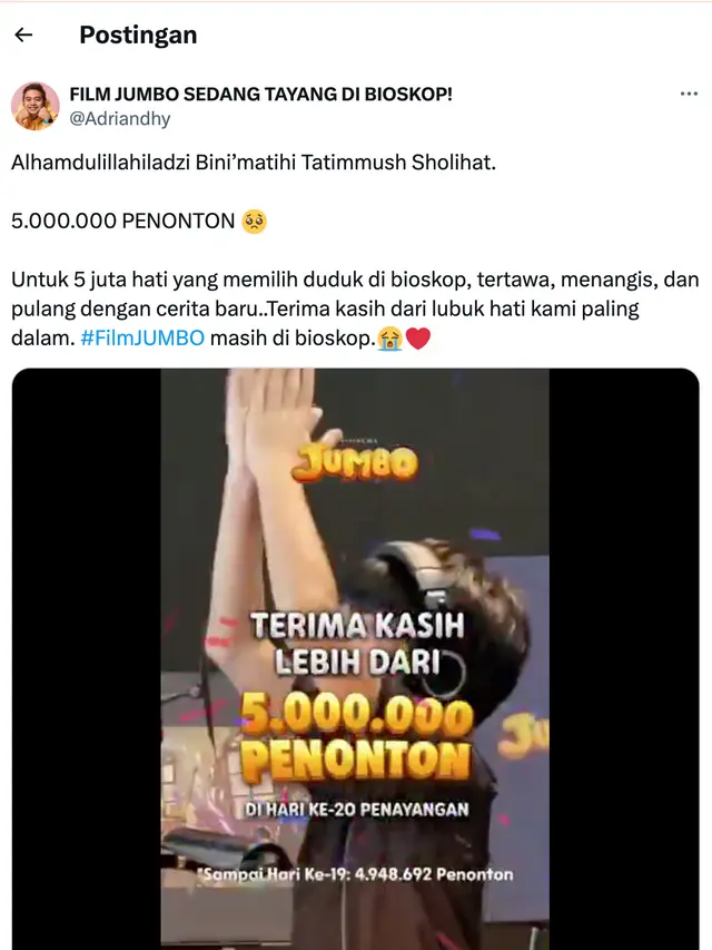 Pernyataan sikap Ryan Adriandhy setelah film Jumbo menembus 5 jutaan penonton. (Foto: Dok. Twitter @Adriandhy)