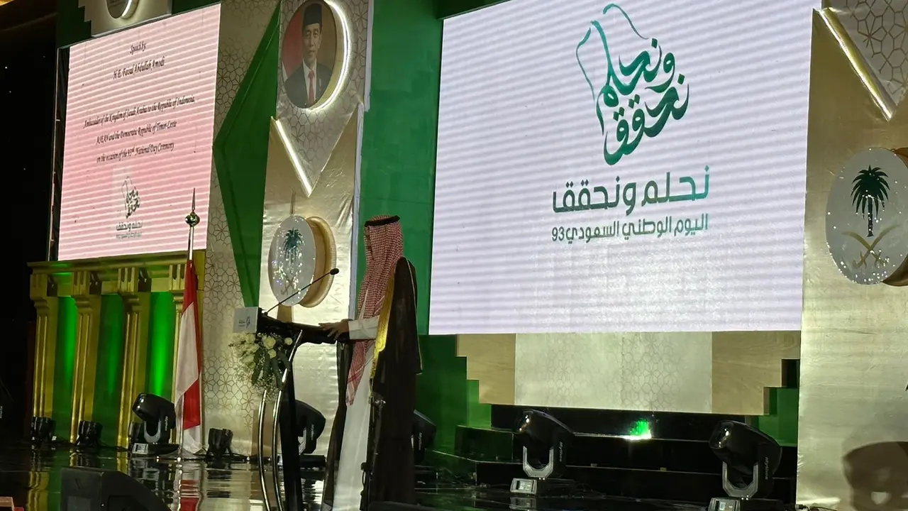Duta Besar Arab Saudi untuk Indonesia Faisal Abdullah H. Amodi dalam perayaan Hari Kemerdekaan ke-93 Arab Saudi yang digelar di Hotel Raffles, Jakarta, Senin (25/9/2023). (Liputan6/Benedikta Miranti)