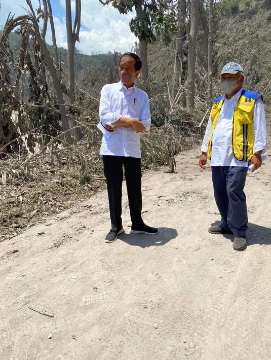 Presiden Joko Widodo bersama Menteri PU dan Perumahan Rakyat Basuki Hadimulyono meninjau Jembatan Besuk Koboan yang runtuh akibat erupsi Gunung Semeru pada Selasa, 7 Desember 2021 pukul 11.05 WIB. (Foto: Laily Rachev - Biro Pers Sekretariat Presiden)