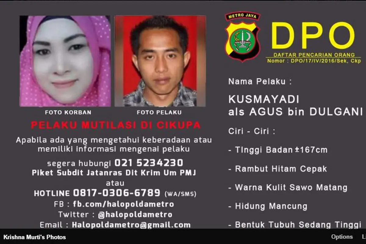 Geram, Krishna Murti Sebar Foto Pelaku Mutilasi Tangerang di FB
