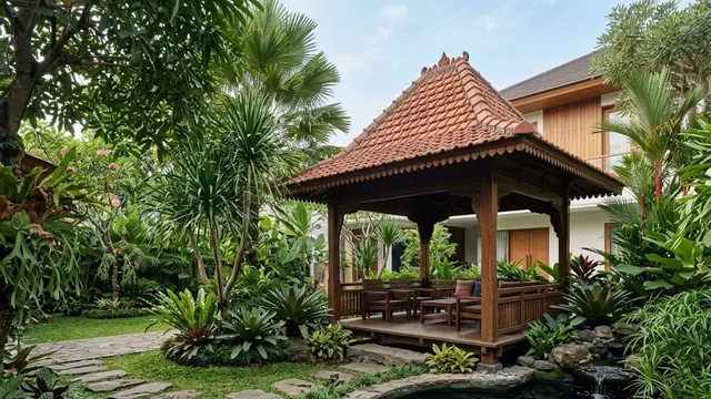 Pendopo di Sudut Taman dengan Kolam Kecil