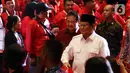 Menteri Pertahanan Prabowo Subianto saat menghadiri pembukaan Rakernas I dan HUT ke-47 PDI Perjuangan di JIEXPO Kemayoran, Jakarta, Jumat (10/1/2020). Rakernas ini bertajuk 'Solid Bergerak Wujudkan Indonesia Negara Industri Berbasis Riset dan Inovasi Nasional'. (Liputan6.com/Johan Tallo)