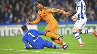 Penyerang Real Madrid, Endrick, mencetak gol tunggal kemenangan timnya atas Real Sociedad pada laga leg kedua semifinal Copa del Rey di Reale Arena, Kamis (27/2/2025) dini hari WIB. (AP Photo/Miguel Oses)