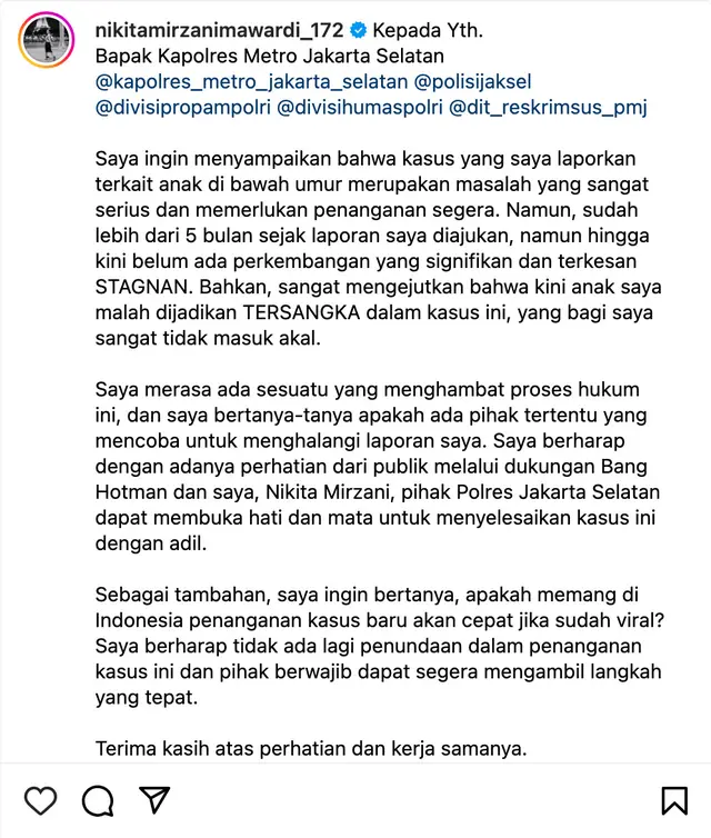 Surat terbuka Nikita Mirzani untuk Kapolres Jaksel, curhat kini anaknya malah jadi tersangka