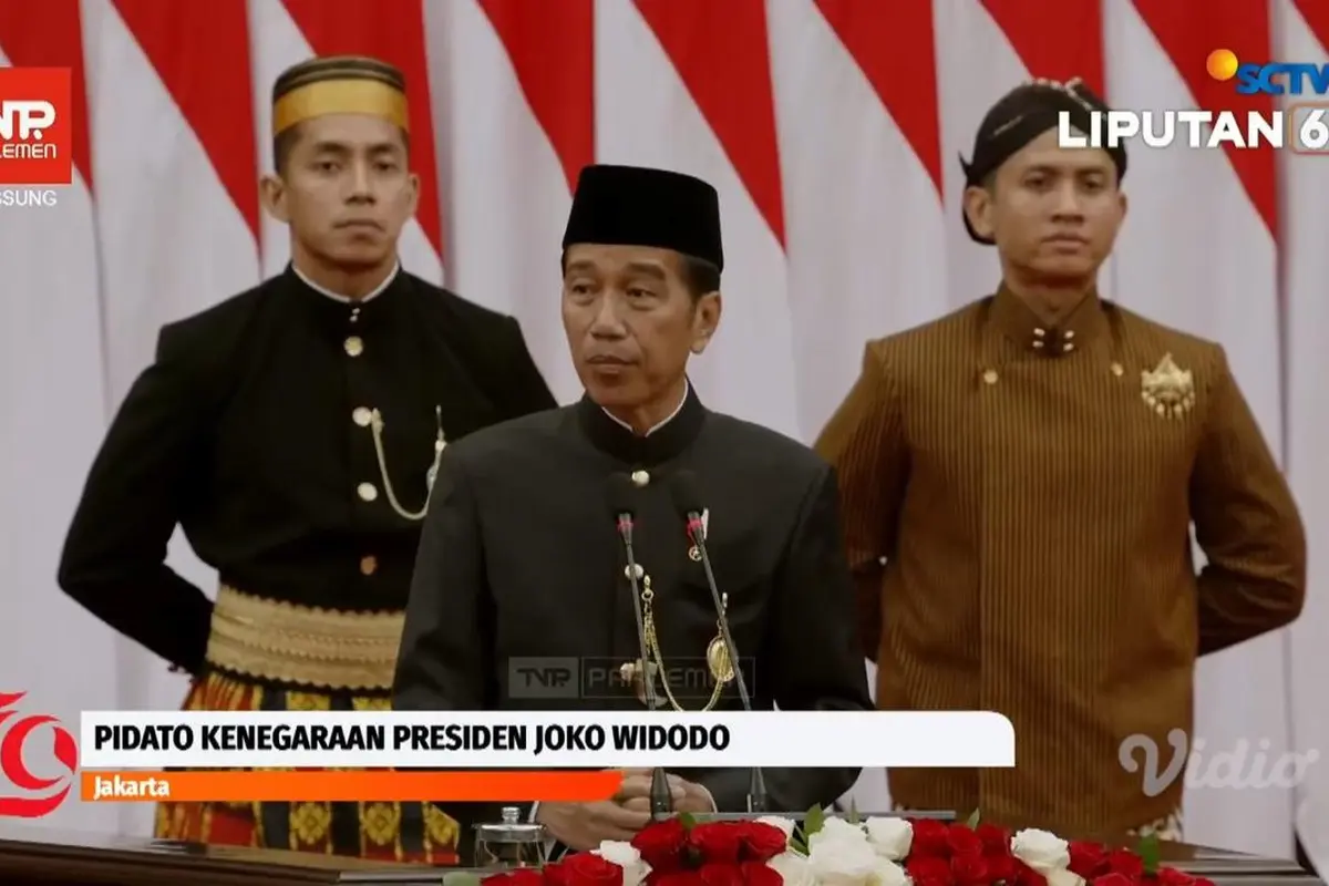 Presiden Joko Widodo atau Jokowi dalam pidato Sidang Tahunan MPR, DPR, DPD tahun 2024 di Gedung Parlemen Jakarta