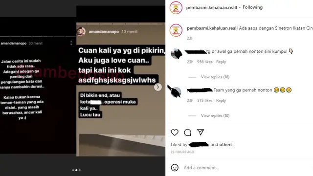 Amanda Manopo diduga keluhkan alur cerita Ikatan Cinta (Foto: Instagram/@pembasmi.kehaluan.reall)