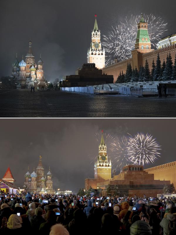 Gambar kombo menunjukkan kembang api di atas Kremlin dan Menara Spasskaya di Lapangan Merah yang hampir kosong selama perayaan Tahun Baru di Moskow, Rusia 31 Desember 2020 dan di bawahnya, file foto diambil dari sudut yang sama 31 Desember 2019. (AP Photo/Pavel Golovkin, Denis Tyrin)