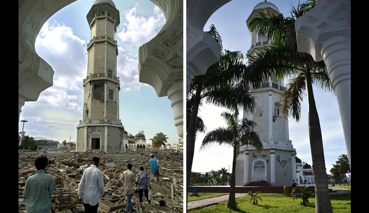 File foto (atas) diambil pada 28 Desember 2004 puing-puing berserakan di dasar Baiturrahaman Masjid Banda Aceh, Provinsi Aceh. Foto di lokasi yang sama diambil pada 27 November 2014. (AFP PHOTO/Bay Ismoyo)