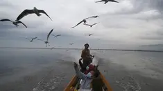 Pengunjung memberi makan burung camar di Danau Innlay yang terkenal di negara bagian Shan selatan, Myanmar, Sabtu (15/1/2022). Danau ini merupakan danau terbesar kedua di Myanmar dengan luas mencapai 116,3 kilometer persegi. (AP Photo)