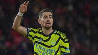 Gelandang Arsenal, Jorginho saat menghadapi Sheffield United pada laga pekan ke-27 Premier League 2023/2024 di Bramall Lane Stadium, Sheffield, Senin (4/3/2024). (AP Photo/Rui Vieira)