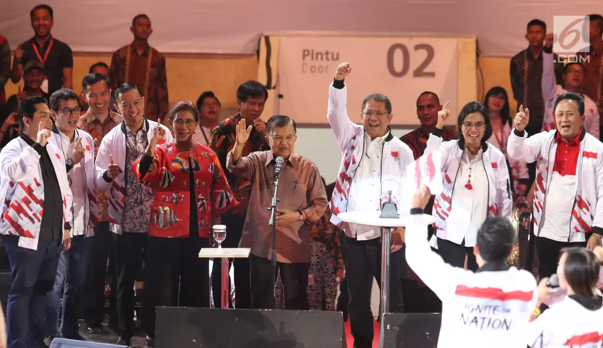 Wapres Jusuf Kalla saat meresmikan program Gerakan Nasional 1000 Startup Digital 2019 di Jakarta, Minggu (18/8/2019). Program ini merupakan salah satu upaya pemerintah untuk mendukung ekosistem ekonomi digital di Indonesia yang diharapkan digerakkan anak muda. (Liputan6.com/Angga Yuniar)