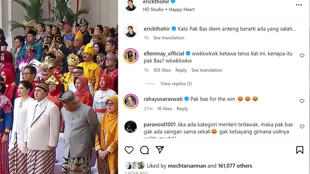 Menteri BUMN Erick Thohir membagikan momen lucu saat upacara Hari Kemerdekaan Indonesia pada Kamis, 17 Agustus 2023. Saat itu, Menteri PUPR Basuki Hadimuljono iseng sibak pakaian Menteri BUMN Erick Thohir. (Foto: instagram @erickthohir)